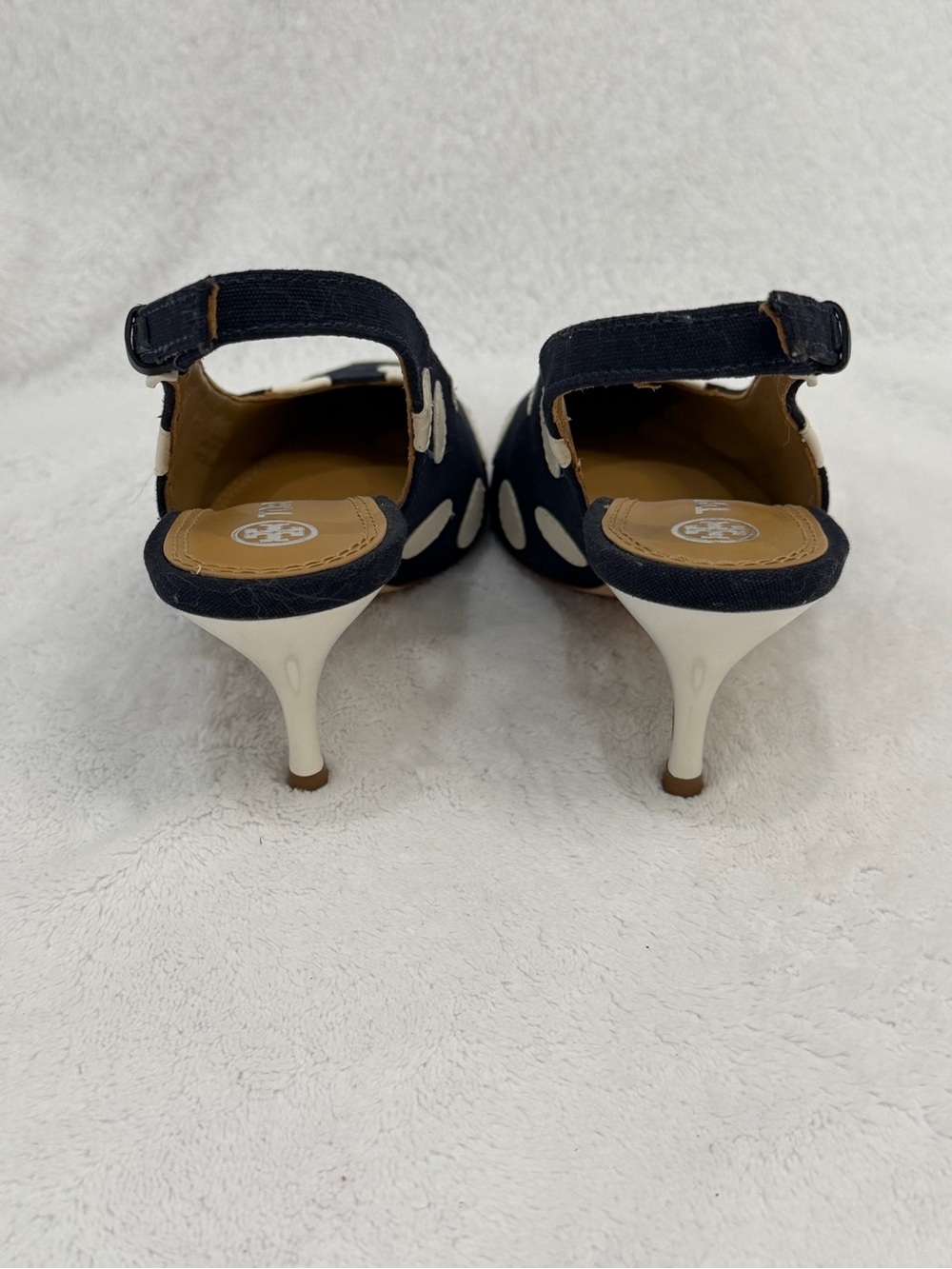 Tory Burch Polka Dot Slingback Heels Size 6M Navy White Pointed Toe Kitten Heel - Picture 3 of 16
